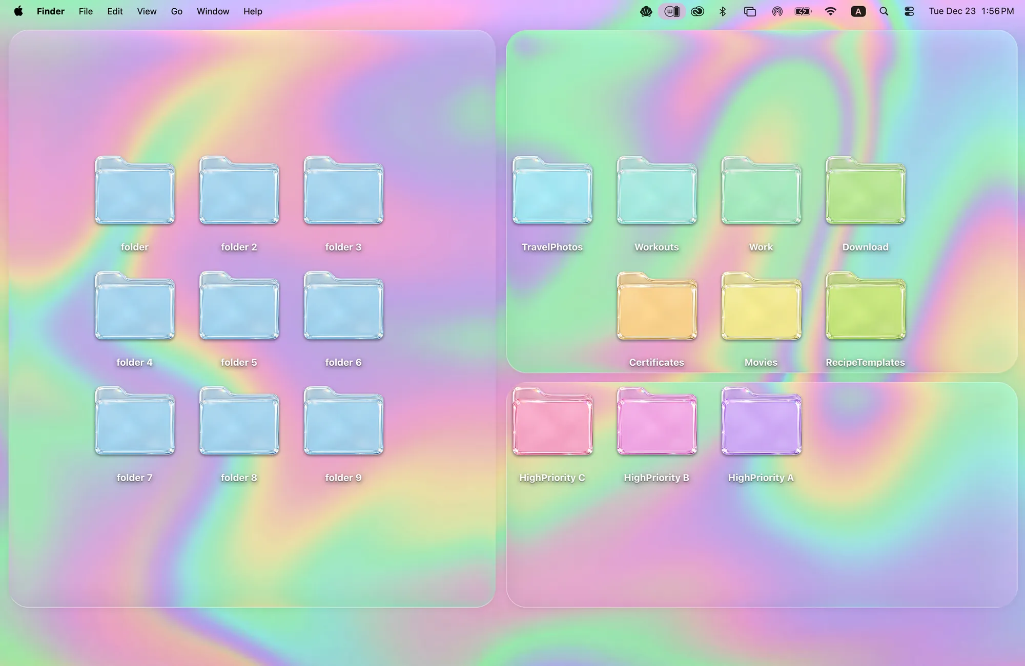 Candy Glass pastel Mac wallpaper, a swirling pastel gradient with soft sorting zones and 12 translucent glass folder icons