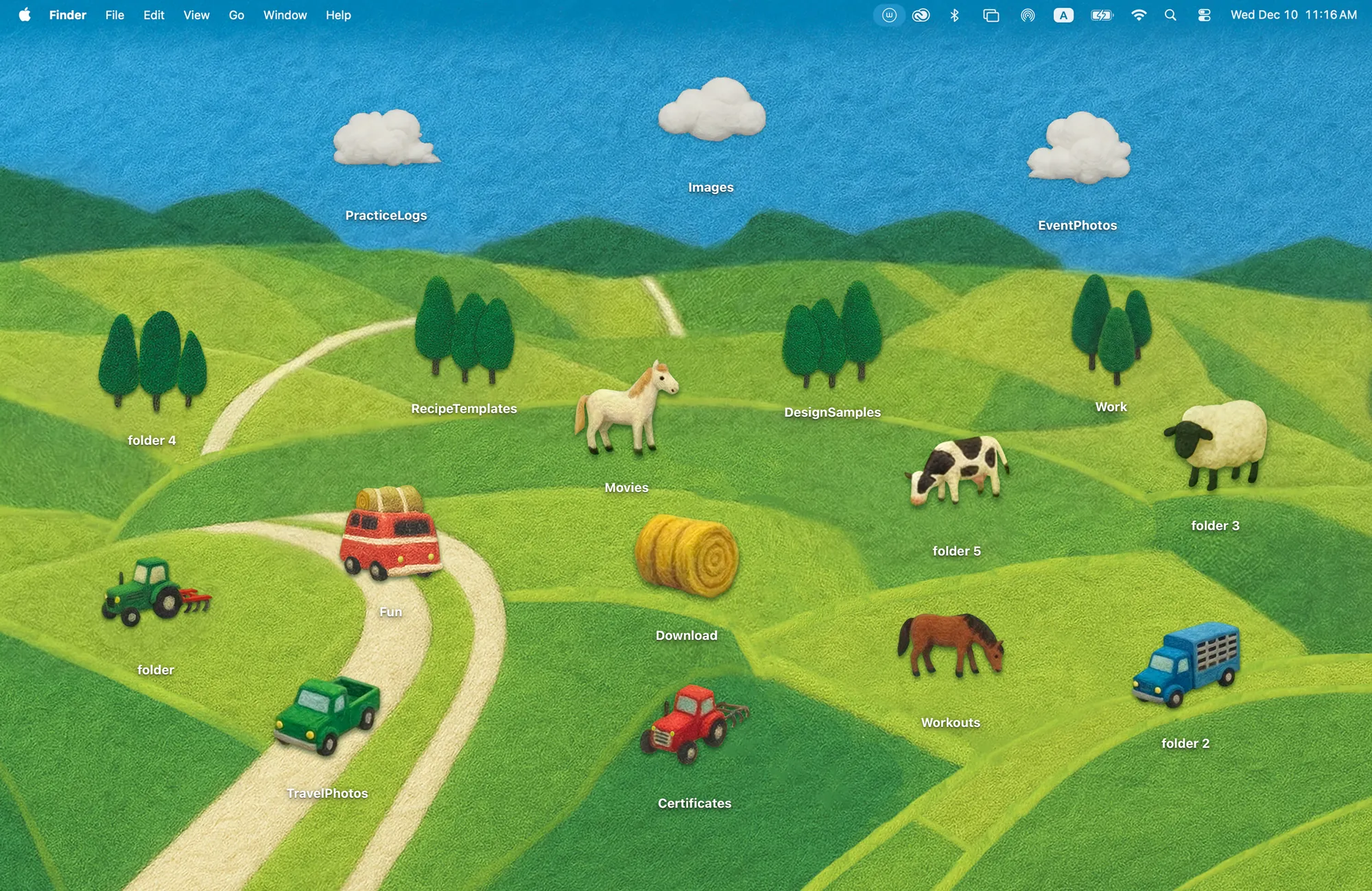 Country Road cottagecore MacBook wallpaper, rolling felt hills with a country road and folder icons shaped like tractors, farm animals, trees and a hay bale