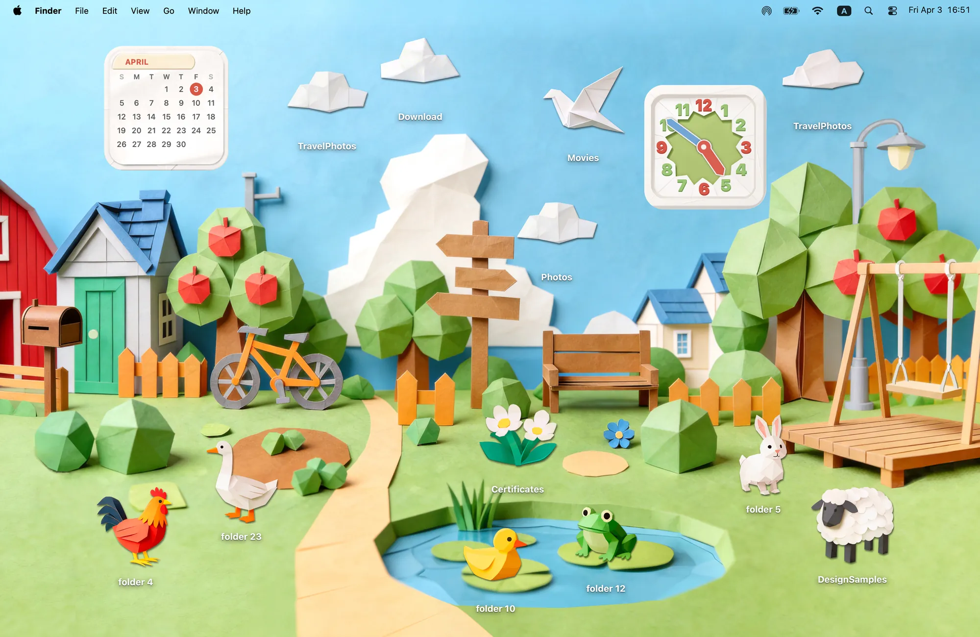 Paper Village cute MacBook wallpaper with widgets, a papercraft village with origami animal folder icons and a paper calendar and clock