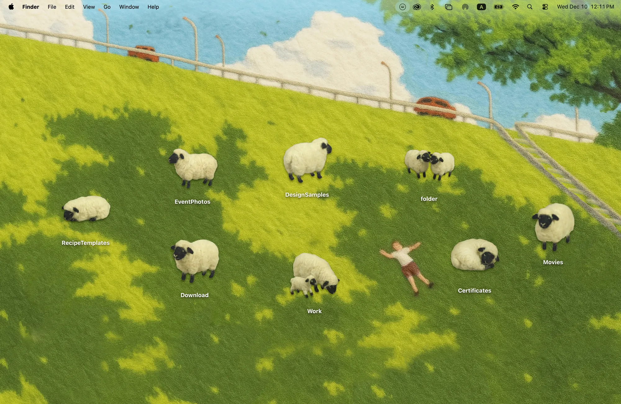 Sheep Meadow sheep desktop wallpaper, a sunny felt hillside with dappled shade and 8 fluffy sheep folder icons